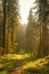 Obraz premium Sunlit Path Through a Forest of Tall Trees