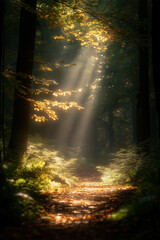Obraz premium Sunbeams through autumn forest path