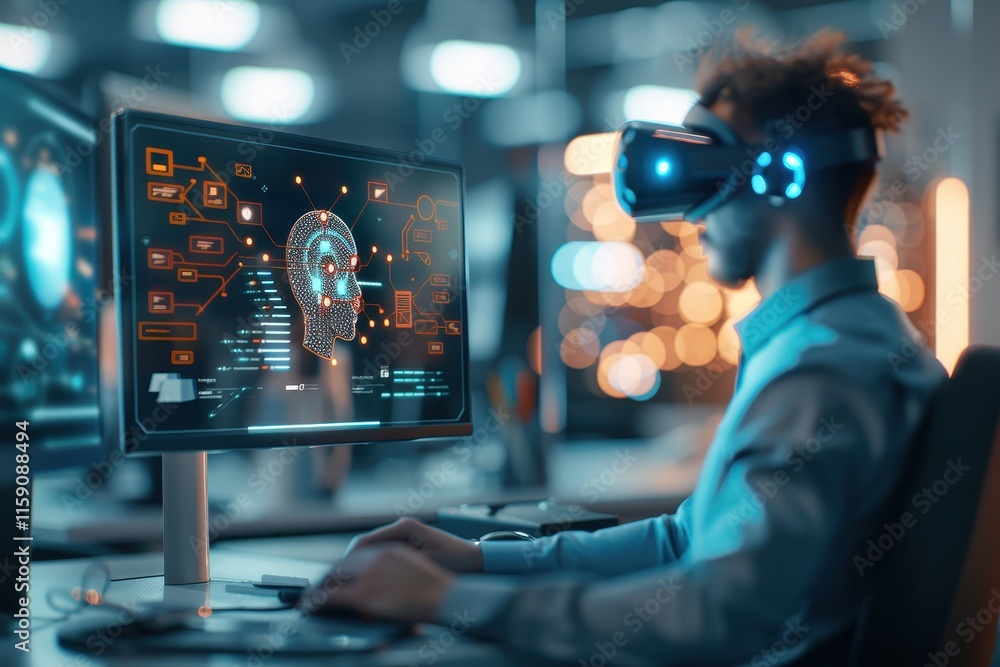 Poster a person wearing a vr headset interacts with a computer, surrounded by futuristic visuals in a high-