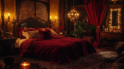 Luxurious dark red velvet bedroom interior.