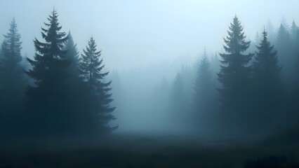 Fototapeta premium Misty Forest Scene Dark Coniferous Trees Foggy Landscape Blue Hues