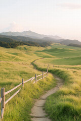 Winding Path Through Green Hills at Sunset