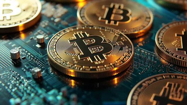 A close-up of the Bitcoin logo on top of several other coins.