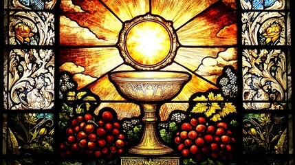 A serene stained glass depiction of the Eucharist, a chalice glowing with golden light and a radiant host surrounded by grapes and wheat,