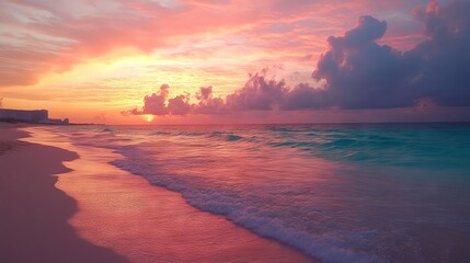 Vibrant sunrise casting golden glow over serene beach in cancun, mexico, featuring soft waves and tranquil atmosphere