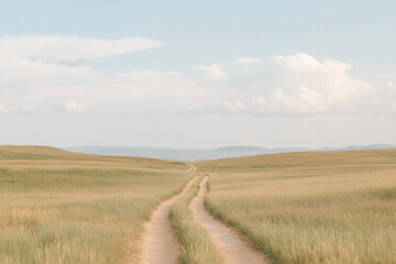Fototapeta premium Dirt Road Through Golden Wheat Fields Under a Cloudy Sky