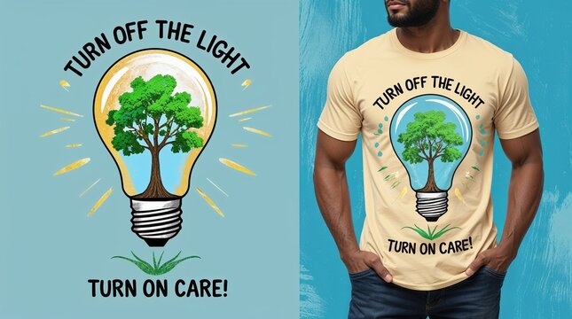 Creative t-shirt design featuring light bulb with tree and eco message "Turn off the light, turn on care!", ecology, nature protection, print for a t-shirt, banner