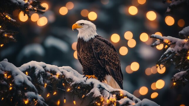 A majestic bald eagle perched on a snow-covered tree branch, with a backdrop of Christmas lights twinkling in the distance.