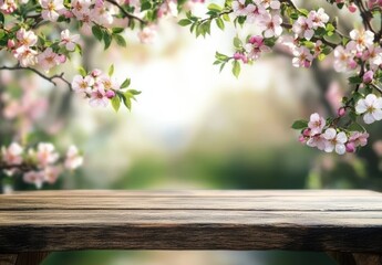 Floral Blooming Branches with Soft Background and Wooden Tabletop Ready for Display, Spring Nature Concept with Blurred Garden View, Perfect for Seasonal Decoration and Invitations