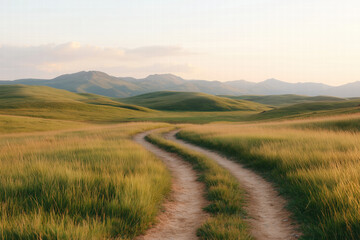 Winding dirt road through grassy hills at sunset