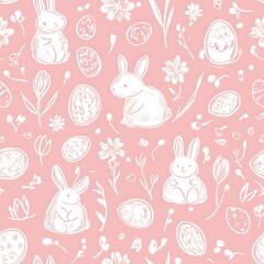 Pink background with white line drawings of Easter bunnies, eggs, and flowers