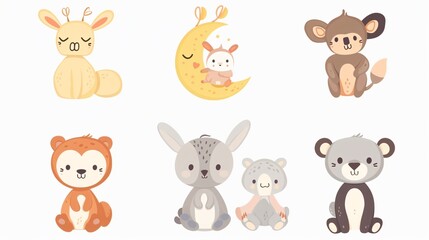 Adorable Baby Animals with Moon in Flat Vector Style Isolated - Unique Wildlife Illustration