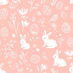Pink background with white line drawings of Easter bunnies, eggs, and flowers