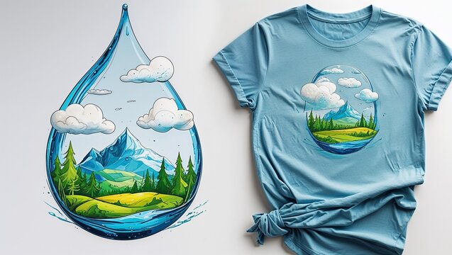 T-shirt featuring eco-friendly design with a water droplet and nature scene, promoting clean water rights.