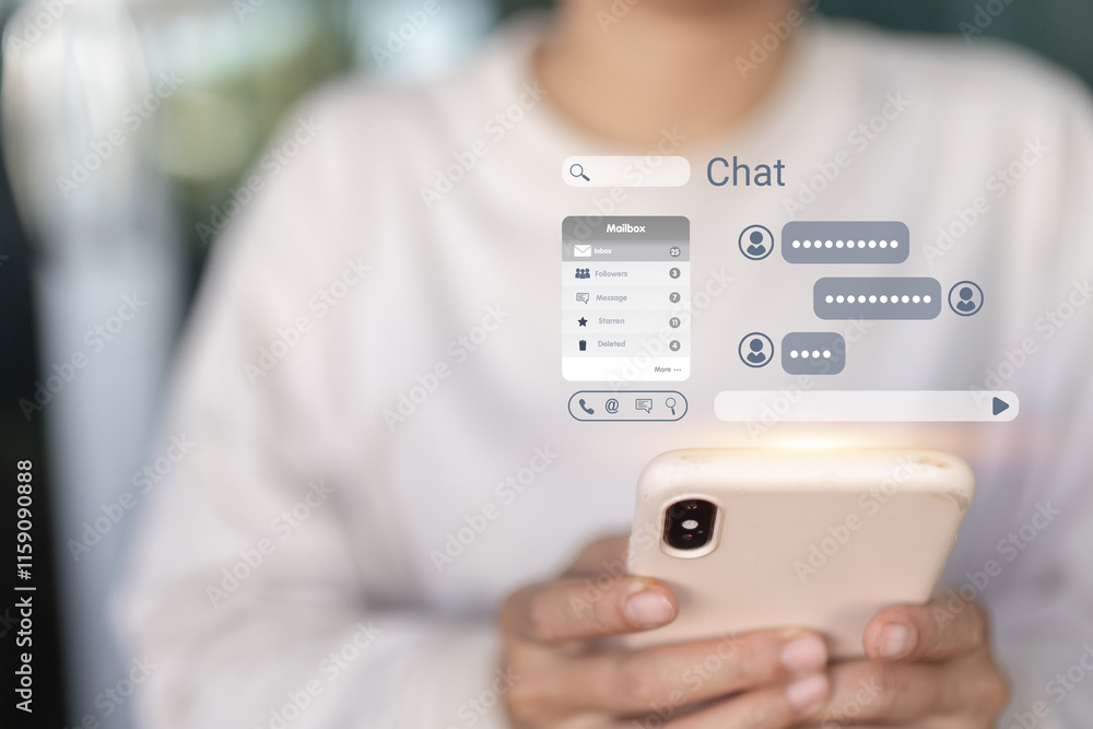 Poster a woman is holding a phone with a chat app open. the app is showing a conversation with a friend