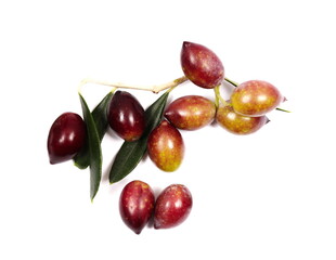 Fresh olives with leaves on the white background.