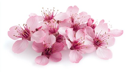 A close-up of a bunch of pink cherry blossom flowers with delicate buds, isolated white background, expressive art style
