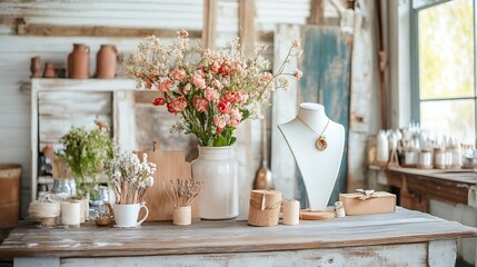 Close-up Photo: Beautifully Arranged Rustic Floral Still Life in a Charming Workshop Setting. AI Generated