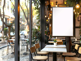 frame mockup poster displayed outside a building restaurant cafe