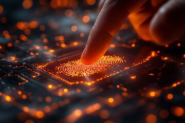A modern depiction of biometric authentication technology showing a person scanning their fingerprint on a digital device, symbolizing security and innovation.