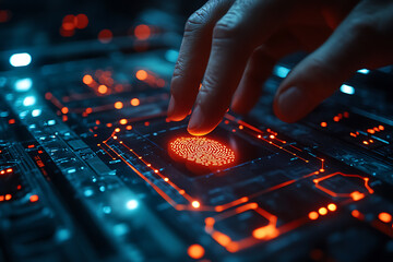 A modern depiction of biometric authentication technology showing a person scanning their fingerprint on a digital device, symbolizing security and innovation.