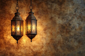 Decorative Lanterns with Warm Glow on Vintage Background