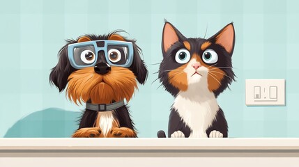 Obraz premium Charming Digital Illustration: A Curious Dog and Cat Gaze Intently. AI Generated
