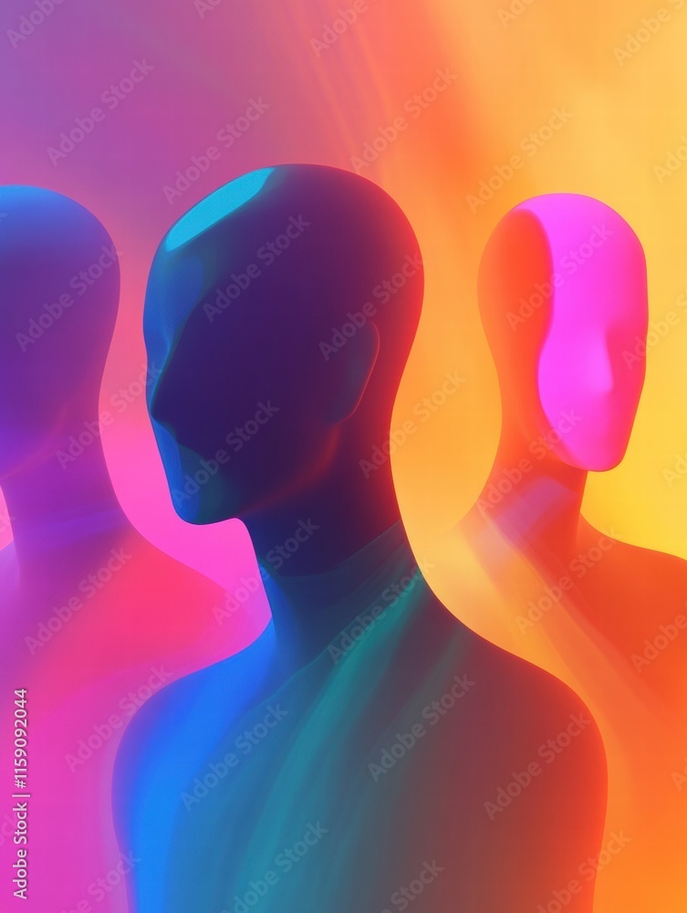Poster abstract faceless avatars in vibrant colors with mock up space for text suggestions. generative ai