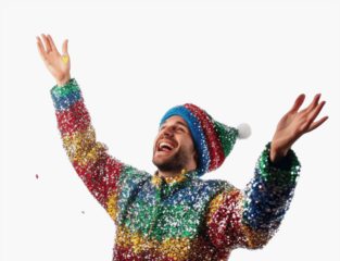 A person in festive attire throwing confetti in the air, celebrating, isolated on a white background, centered for a lively scene
