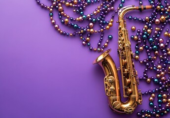 Golden Saxophone with Colorful Beads on Purple Background, Perfect for Music Themes, Celebrations, and Vibrant Artistic Expressions in Photography