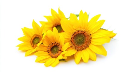 Fototapeta premium A close-up of a bunch of yellow sunflower blooms with bright petals, isolated white background, abstract art style