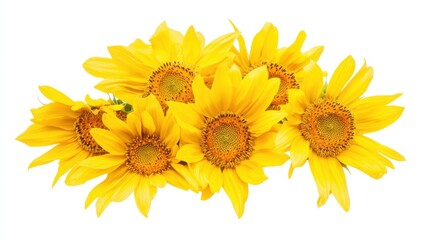 Naklejka premium A close-up of a bunch of yellow sunflower blooms with golden petals, isolated white background, impressionistic art style