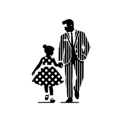 A minimal illustration of a man with a boy in a polka-dotted dress in a black and white color block style.