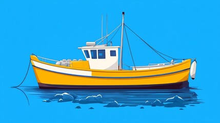 Fototapeta premium Vibrant Yellow Fishing Boat Illustration: Calmly Docked on a Blue Sea. AI Generated
