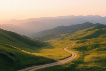 Winding road through rolling green hills at sunset