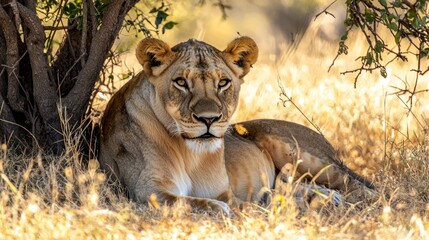 Obraz premium Female lion resting under tree in savanna.