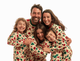 A family in holiday pajamas, gathered around, hugging and smiling, isolated on a white background for a joyful seasonal theme