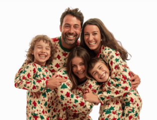 A family in holiday pajamas, gathered around, hugging and smiling, isolated on a white background for a joyful seasonal theme