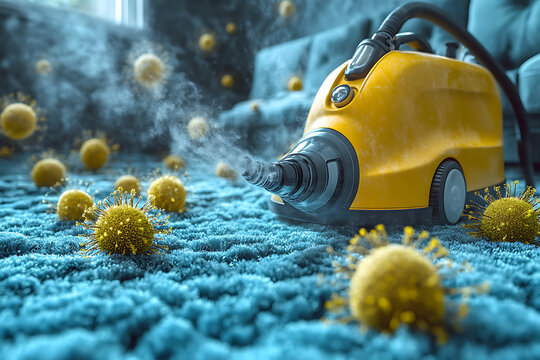  A graphic-style image of a steam cleaner and allergen symbols like dust mites and pet dander disappearing from a carpet, emphasizing allergy relief.