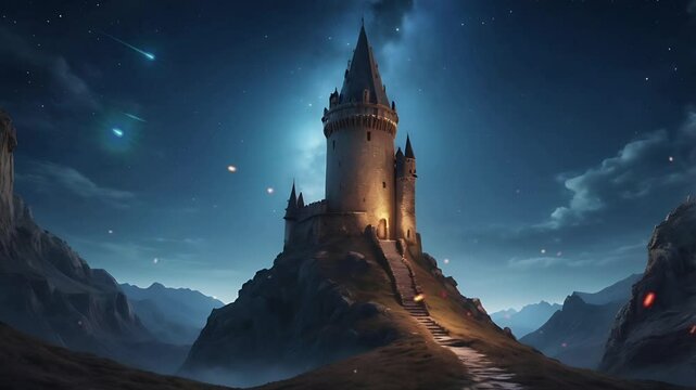 The old tower sits under a night sky full of stars. Seamless 4K looping timelapse video animation background