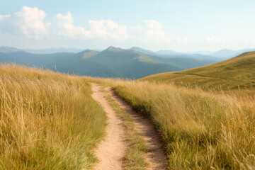 Winding dirt path through golden grass leading to distant mountains