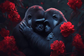 A Tender Embrace Amidst Crimson Blooms: Two Gorillas Sharing a Heartwarming Moment in a Lush Garden