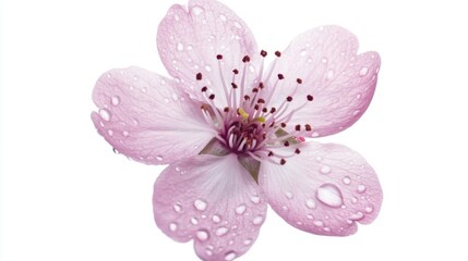 Fototapeta premium A close-up of a delicate pink cherry blossom with dew drops, isolated white background, minimalist composition