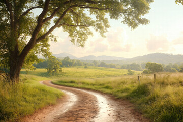Winding dirt road through a green meadow with a large tree and distant hills