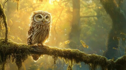 Majestic owl perched on mossy branch in sunlit forest.