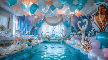 Underwater Theme Party Decor with Colorful Balloons and Pool