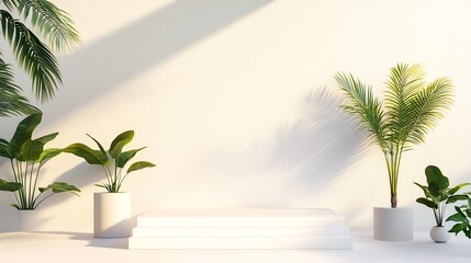 Fototapeta premium Serene Tropical Plant Mockup: Sunlight Dapples Minimalist 3D Render. AI Generated