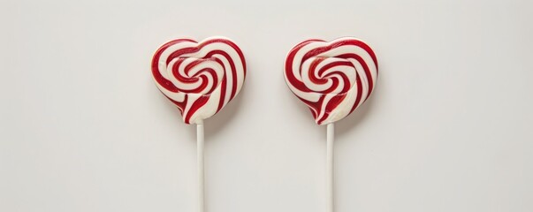Valentine's Day, sweet background. Two heart-shaped lollipops on white background. Top view, flat lay, minimal background for Valentine's Day. Valentine's Day card. banner. MZ