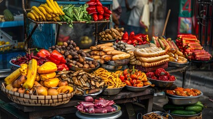 Vibrant Street Market Stall with Fresh Fruits and Vegetables Display