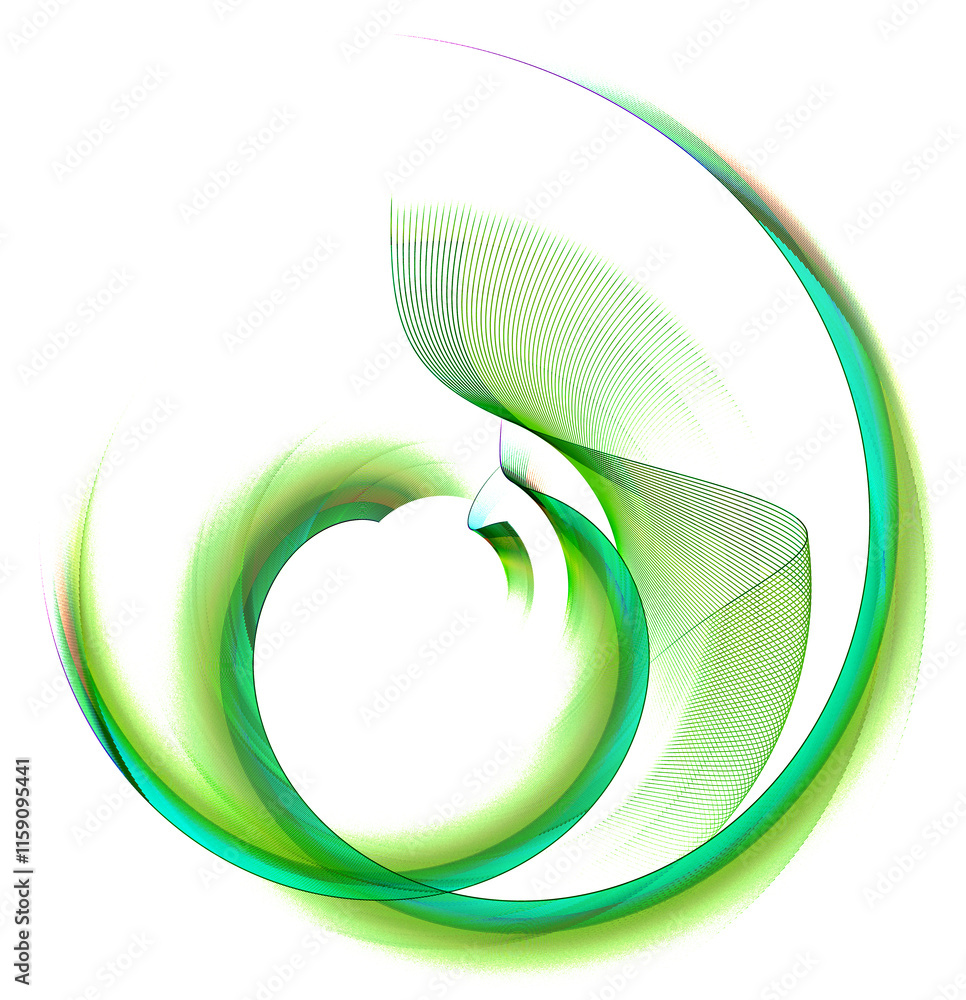 Poster intersecting arced and wavy green striped planes create a rounded frame on a white background. icon,